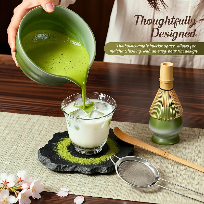 Possiave 5 Pcs Gradient Green Matcha Set - Ceramic Bowl, Bamboo Chasen, Holder, Scoop & Sifter for Tea Ceremony Enthusiasts, Matcha Whisk Set for Tea Lovers - Image 5